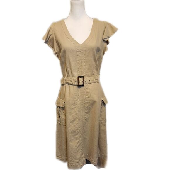 New York and Company khaki tan midi dress flutter sleeve belted back zip M - Picture 1 of 5